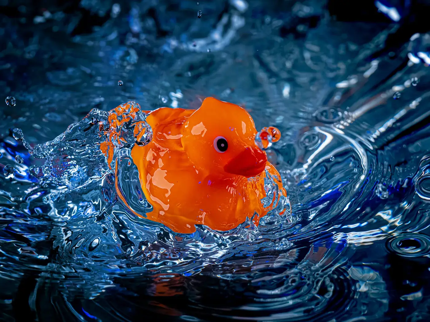 Orange rubber duck in splashing water